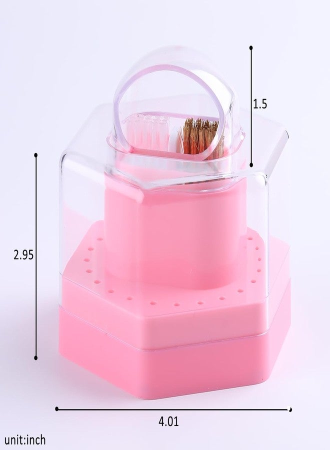 Fcozpjk 2 in1 Nail Drill Bit Holder and Nail Drill Bits Cleaner Brush Case, 24 Holes Pink Nail Drill Bit Holder Stand Display Organizer Dust Proof Storage Container Box Case Nail Tech Supplies - Image 2